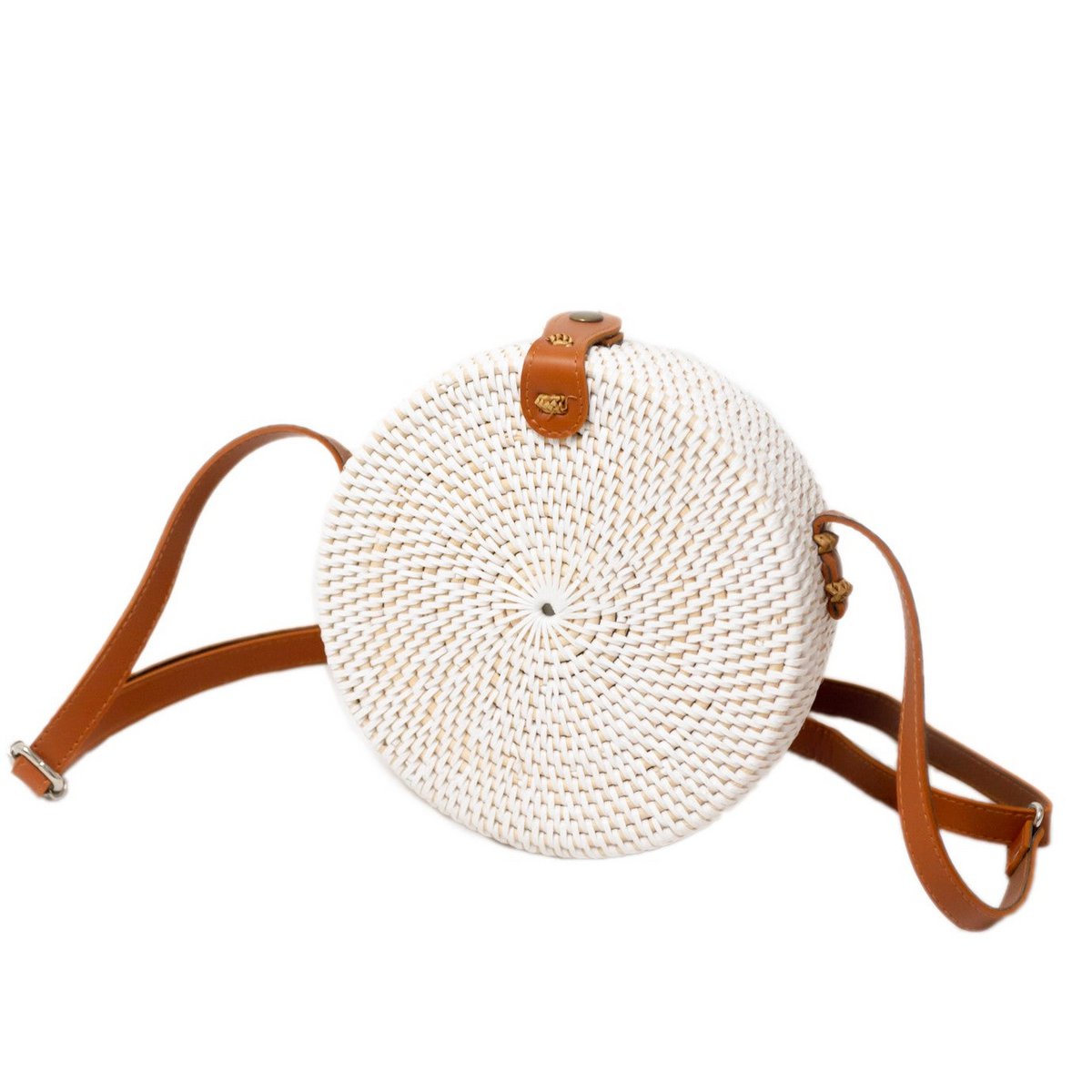 Ronde rotan tas witte handgemaakte crossbody tas met synthetische lederen riemen schoudertas Boho Bali tas SENJA (wit)