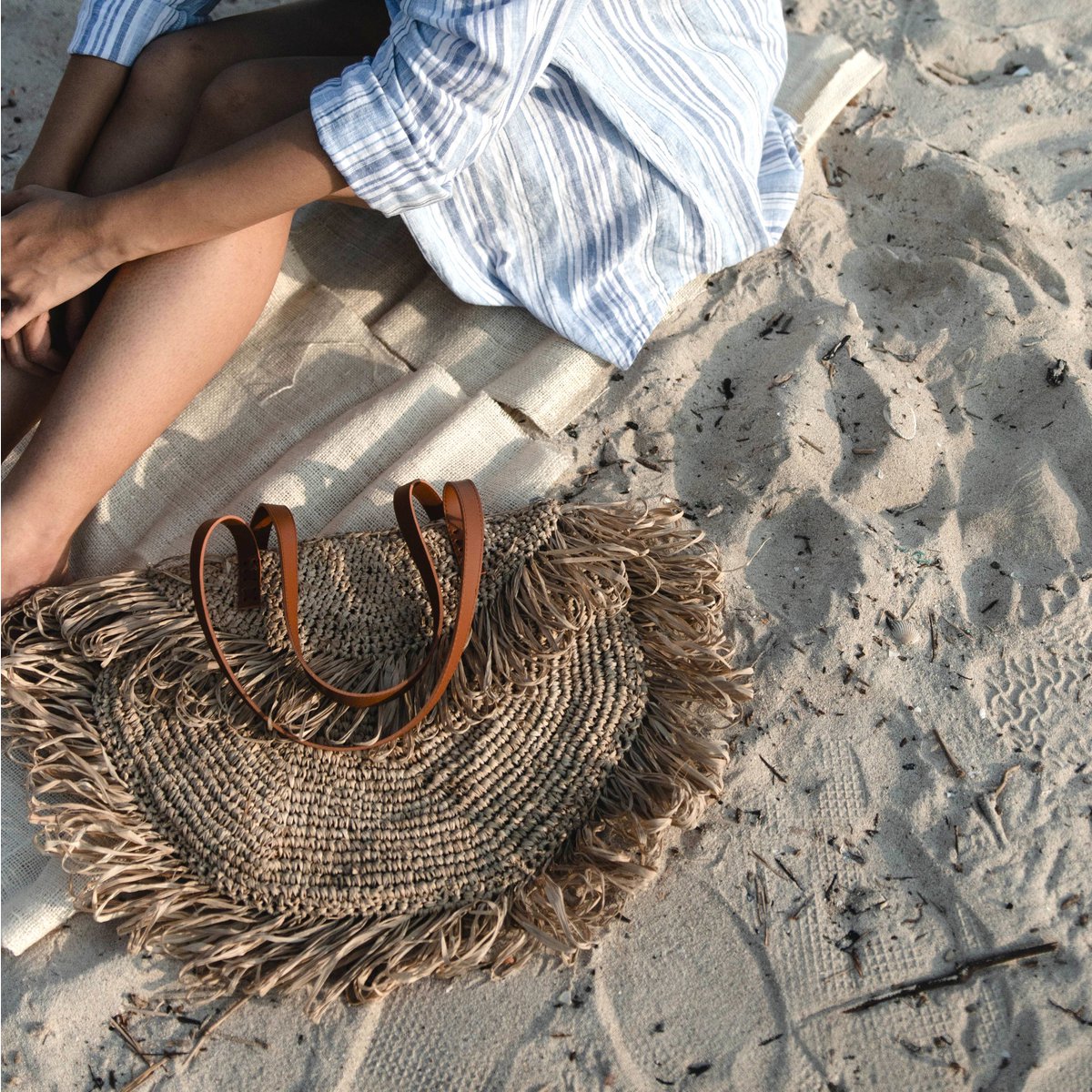 Beige schoudertas met franjes Strandtas Tote Boodschappentas SUMBAWA