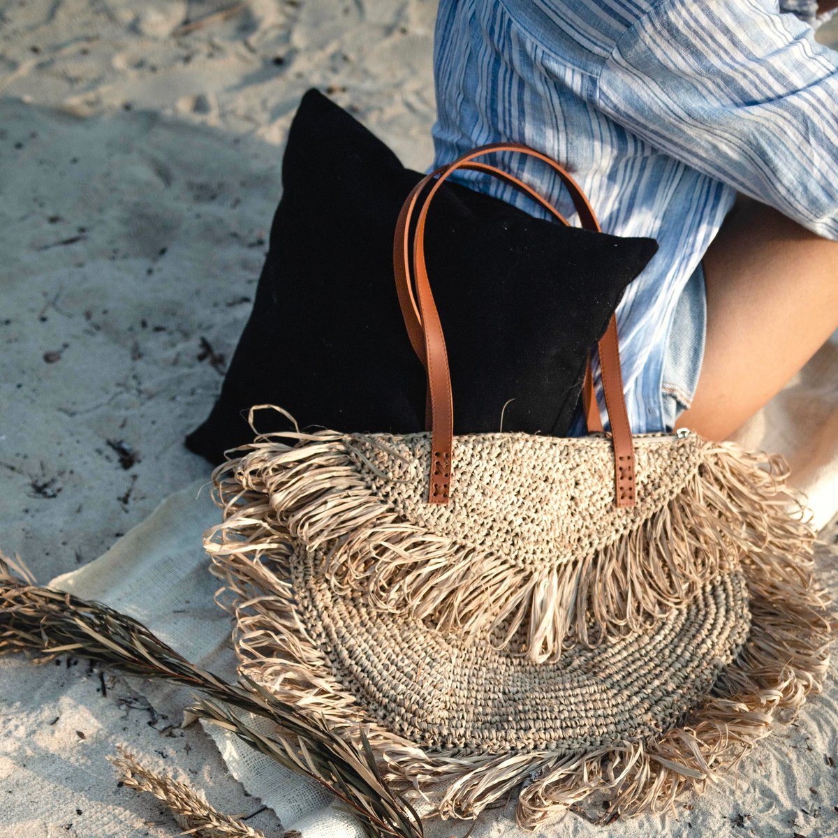 Beige schoudertas met franjes Strandtas Tote Boodschappentas SUMBAWA