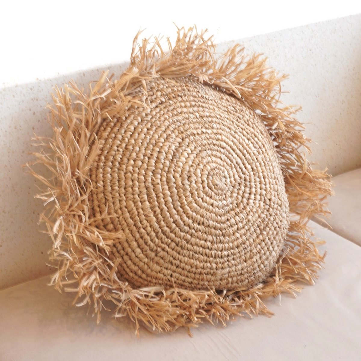 Rond Boho Kussen met Franjes Decoratief Kussen Ø40/50 cm Sierkussen van Raffia Bankkussen met Vulling TARAKAN beige