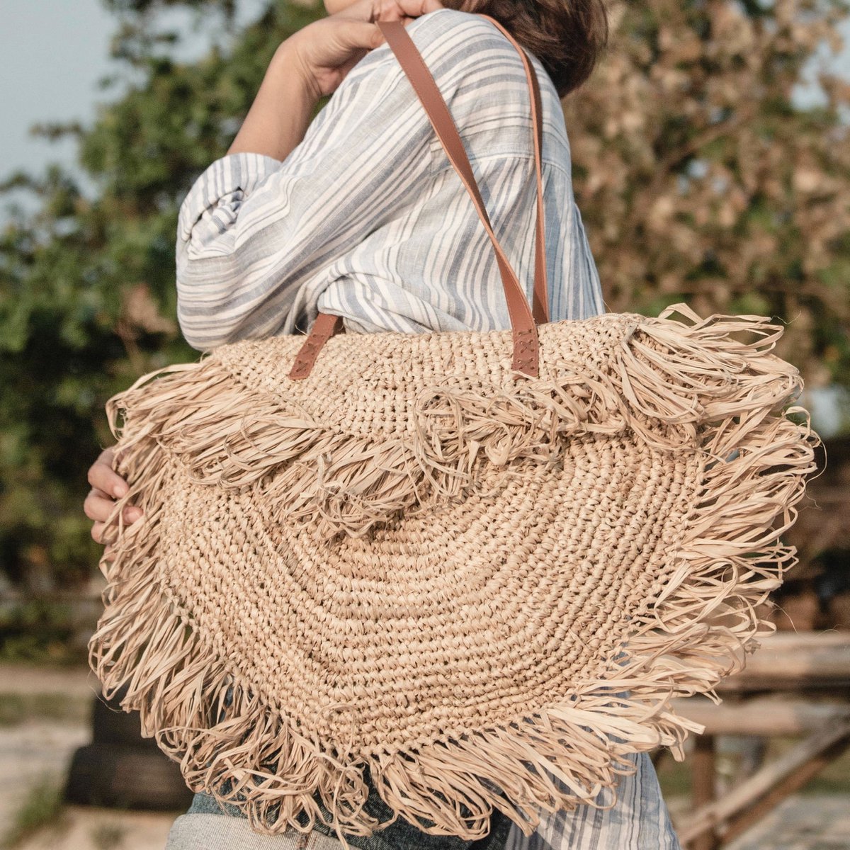 Beige schoudertas met franjes Strandtas Tote Boodschappentas SUMBAWA