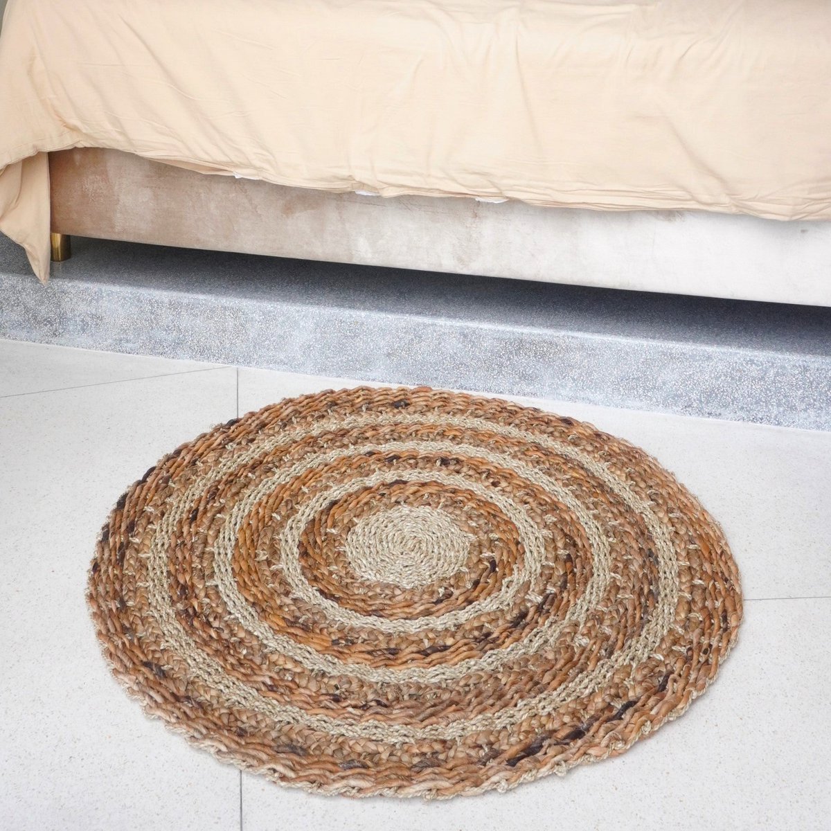 Vloerkleed 100/120 cm met strepen rond vloerkleed van plantaardige vezels, bananenvezel, zeegras en waterhyacint bruin beige tapijt POHON (2 maten)